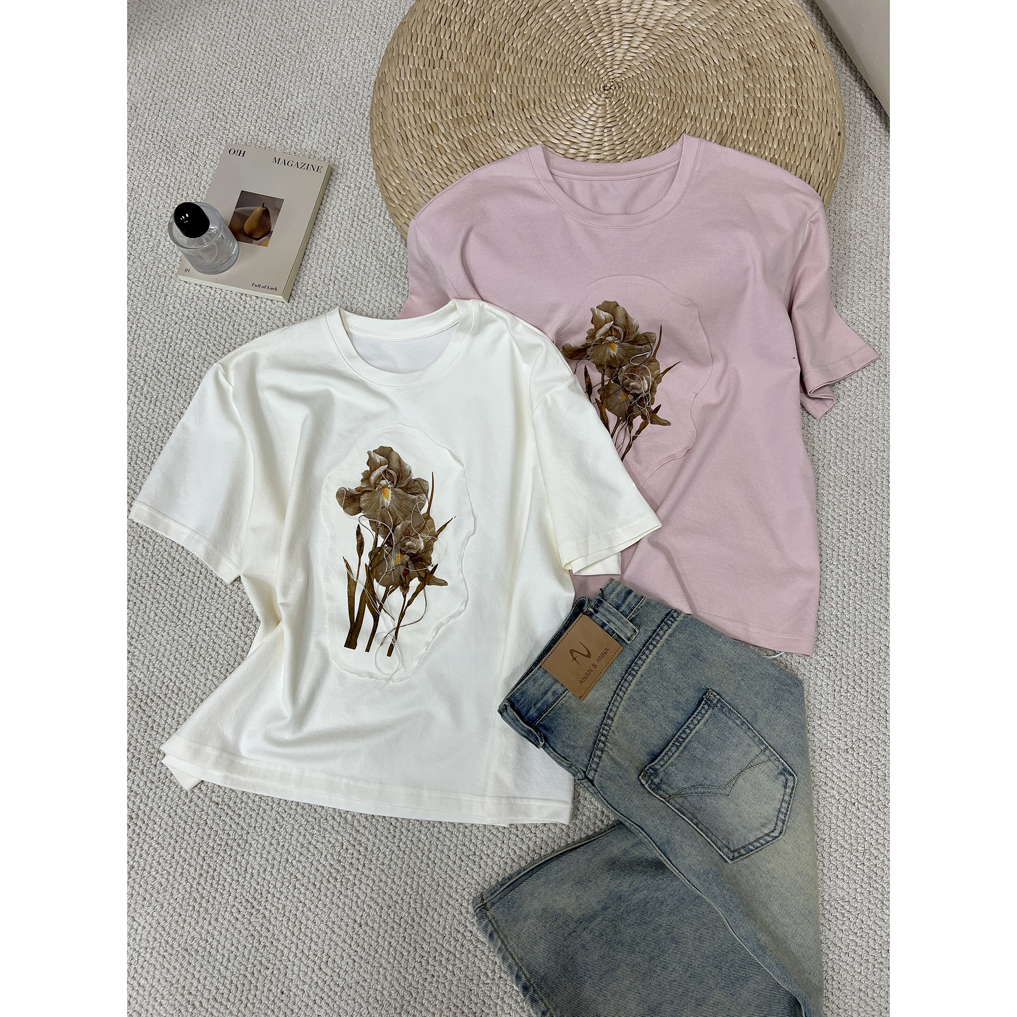 立体线条花朵印花短袖T恤8097-7