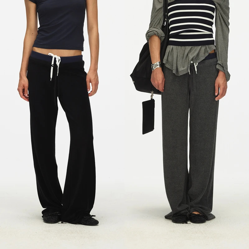 经典复古 中低腰设计双腰抽绳慵懒松弛直筒微喇休闲裤
