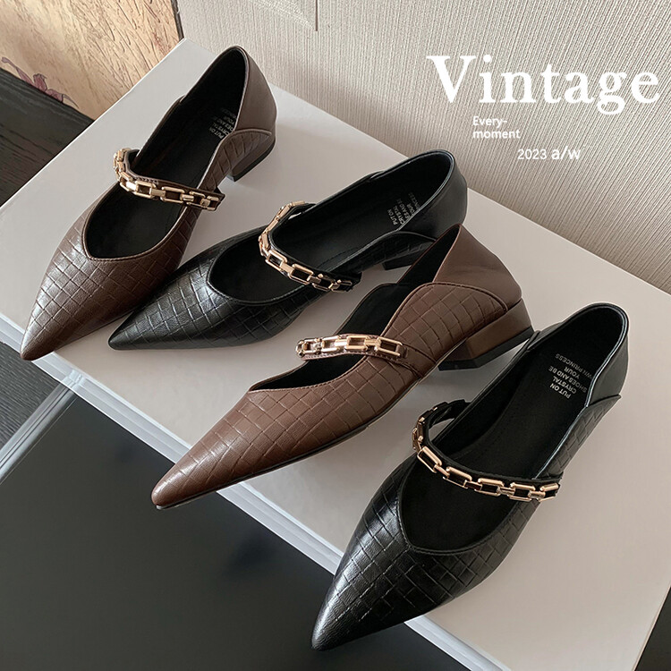 米娜【5cm】金属扣件通勤风尖头粗跟石头纹大单鞋24/03气质网红