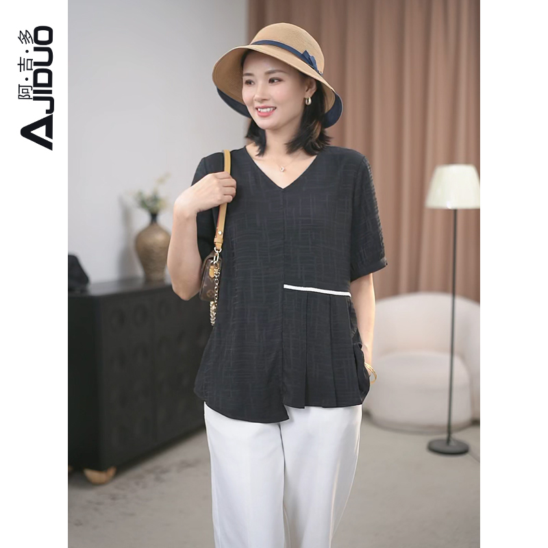 阿吉多A31865黑色短袖t恤女2025年夏季新款提花垂感小衫大码上衣