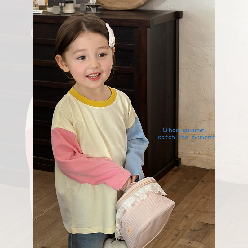 SKE2492女童韩版设计感插肩袖T恤秋装新款儿童圆领拼色长袖上衣