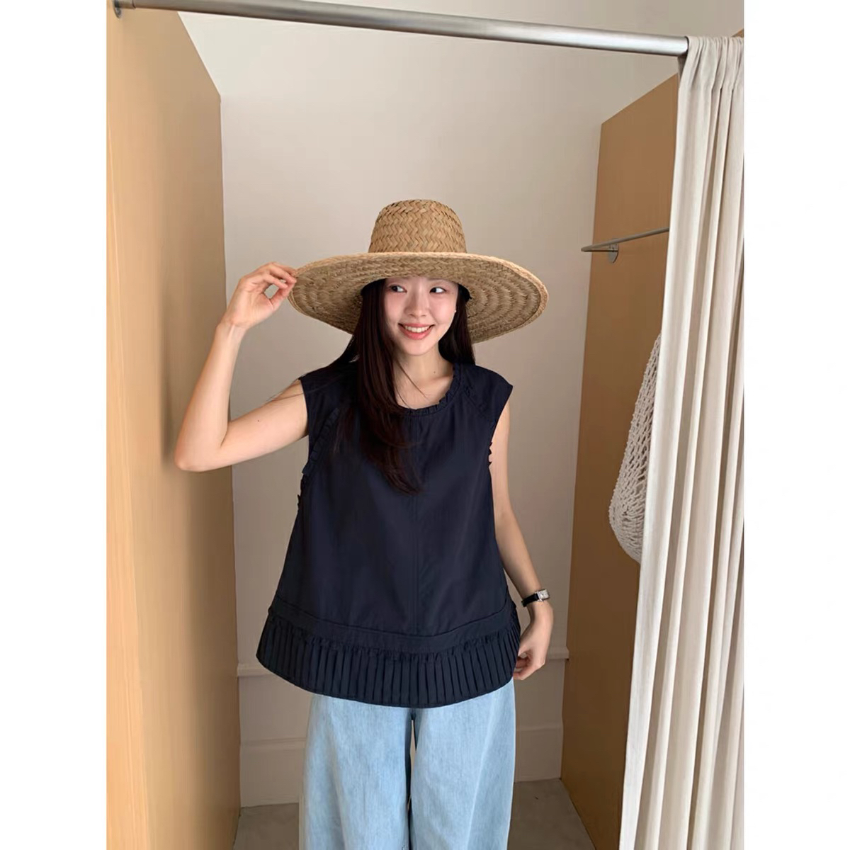 【云云精选】293 夏季100亚麻无袖花边上衣