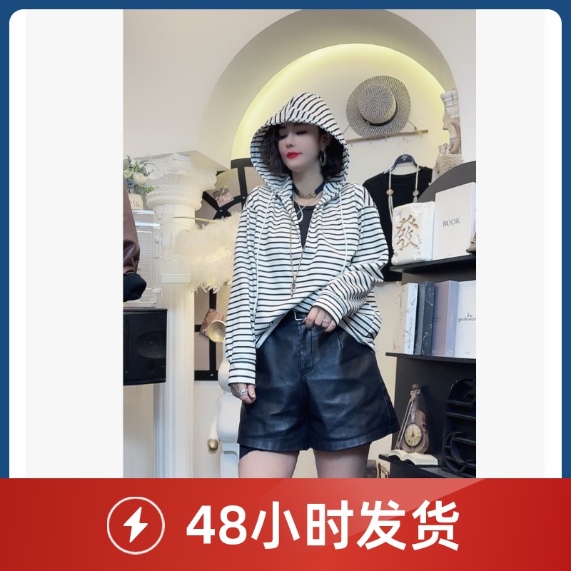 D25121001韩系条纹连帽长袖新款宽松显瘦中长款上衣2025卫衣