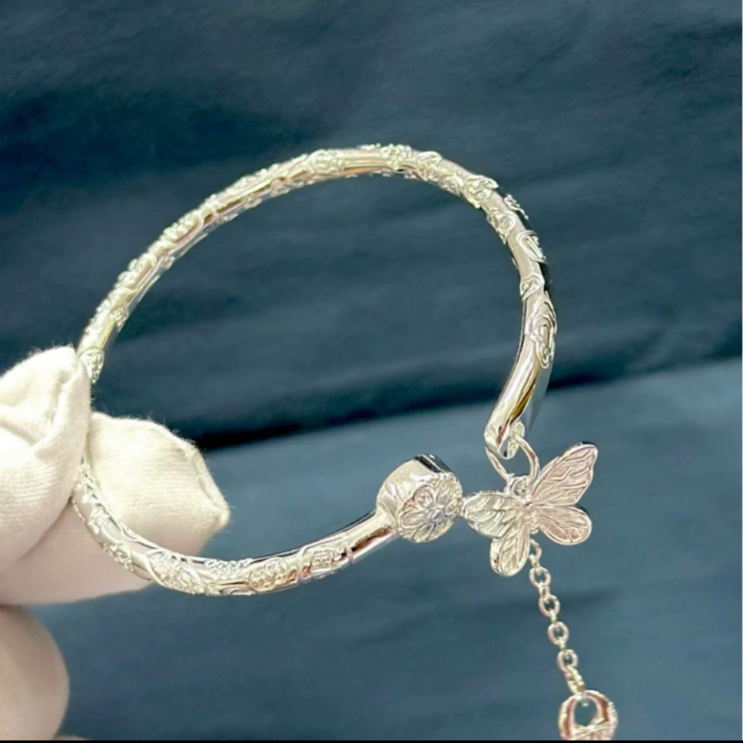 足银手镯 蝴蝶吉言吊牌小众高级冷淡风手环9999足银手镯女
