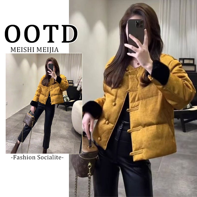 新中式国风黄色盘扣棉服外套女装秋冬季加厚显瘦短款独特气质上衣