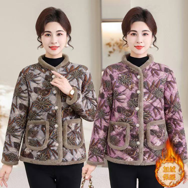 冬季妈妈加绒大花碎花棉衣保暖外套    1186