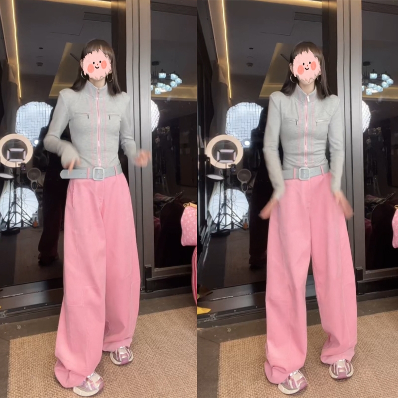 【运动美学】秋季修身拉链拼接设计感运动长袖上衣阔腿直筒长裤套装