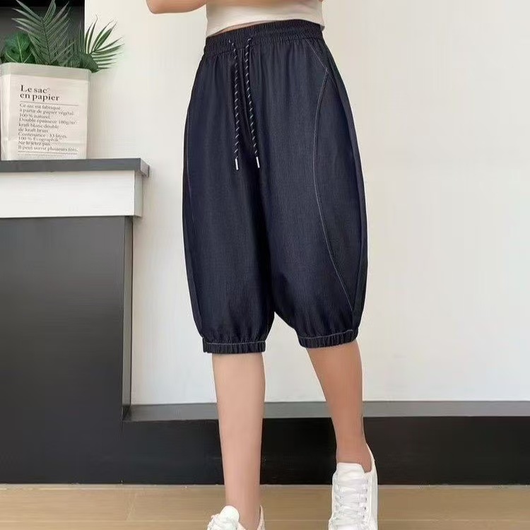 夏季薄款莱塞尔天丝牛仔全松紧七分裤百搭宽松裤子8009休闲大码