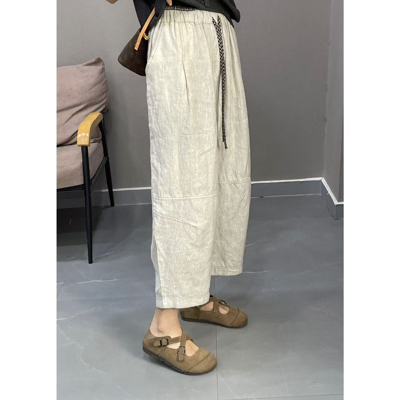 麻本色拼格休闲裤