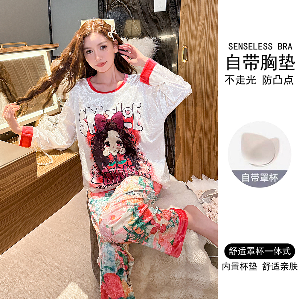 带胸垫2025年新款金丝绒睡衣女春秋季长袖可爱卡通秋冬家居服套装