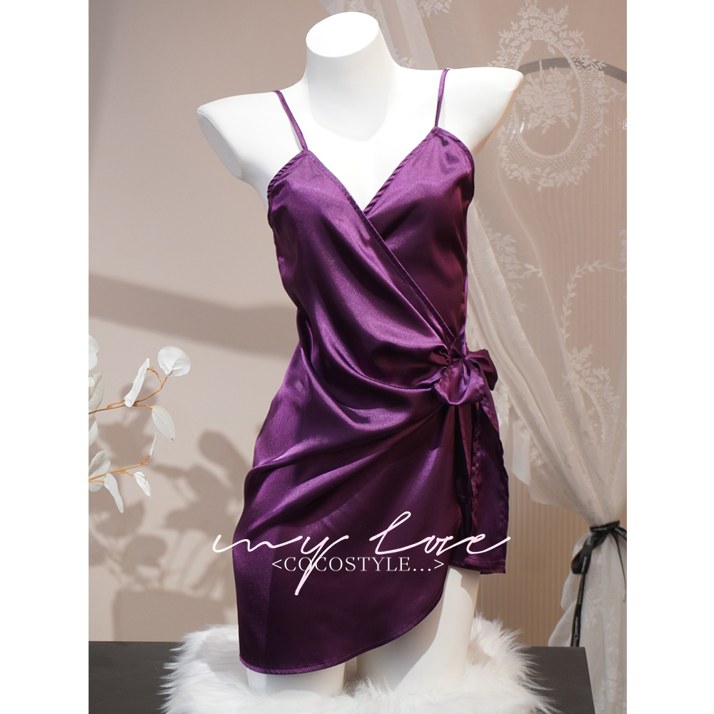 【紫韵犹存】法式睡衣裙性感短裙露背褶皱冰丝吊带绑带设计睡裙女