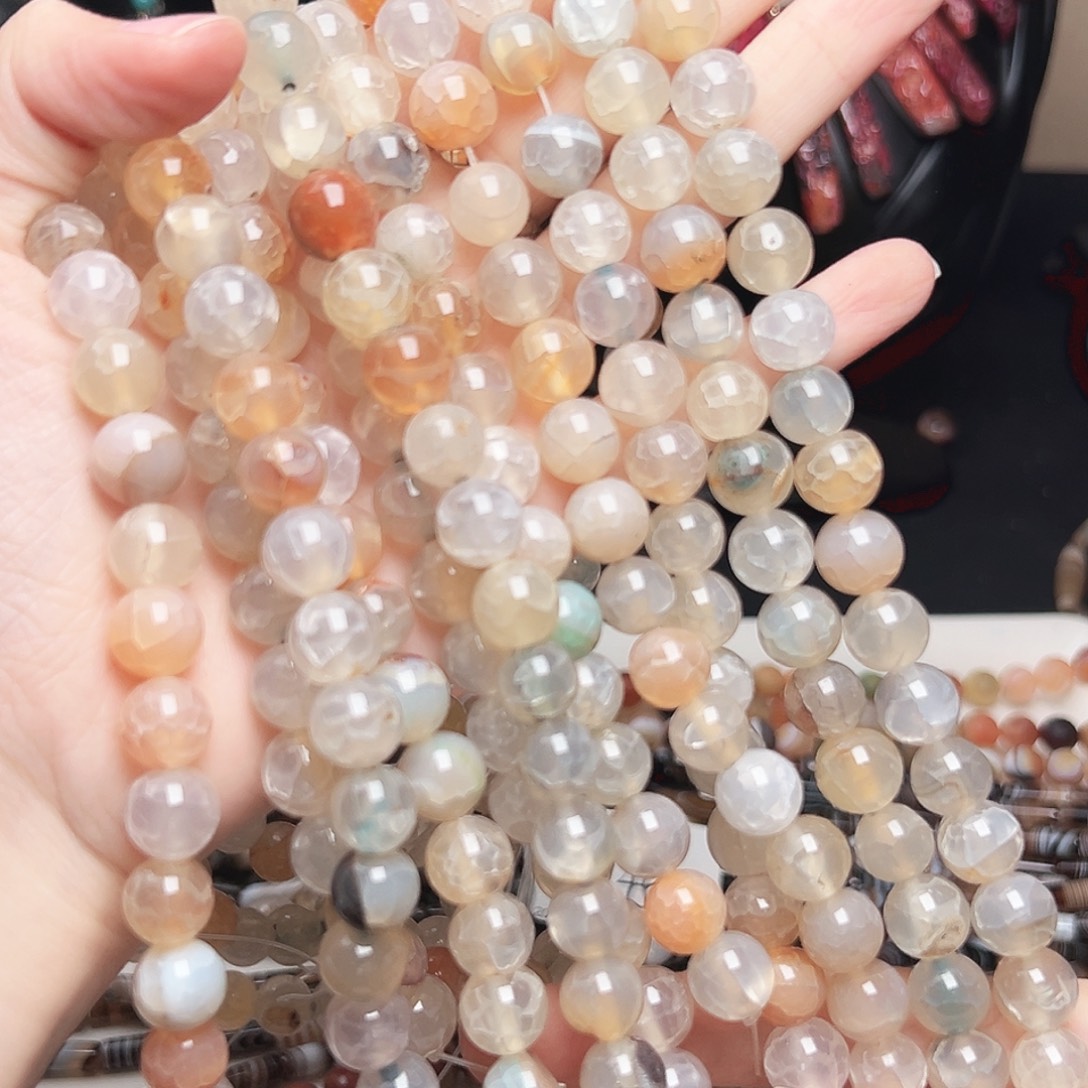 玛瑙/玉髓合金珠宝半成品x195。冰裂玛瑙圆珠一条9mm