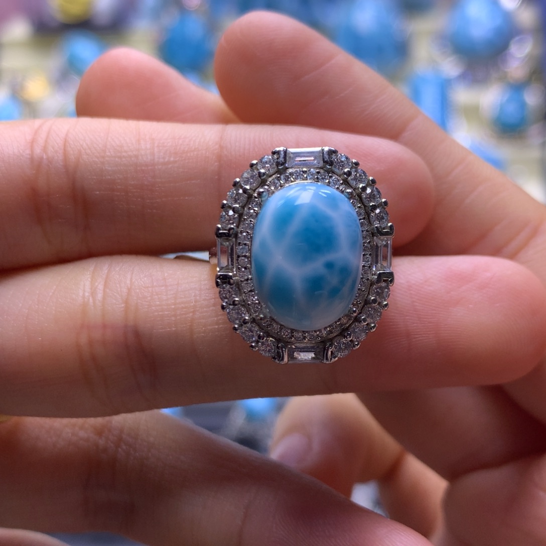 针钠钙石（海纹石）银S925镶嵌戒指蛋面戒指色差略异