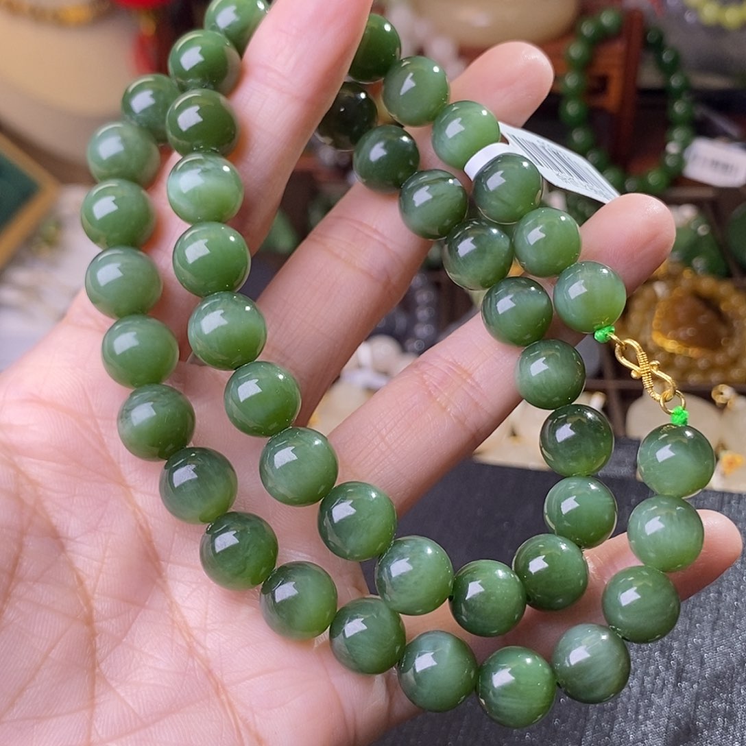 和田玉猫眼碧玉项链约10MM天花板18.K金未镶嵌