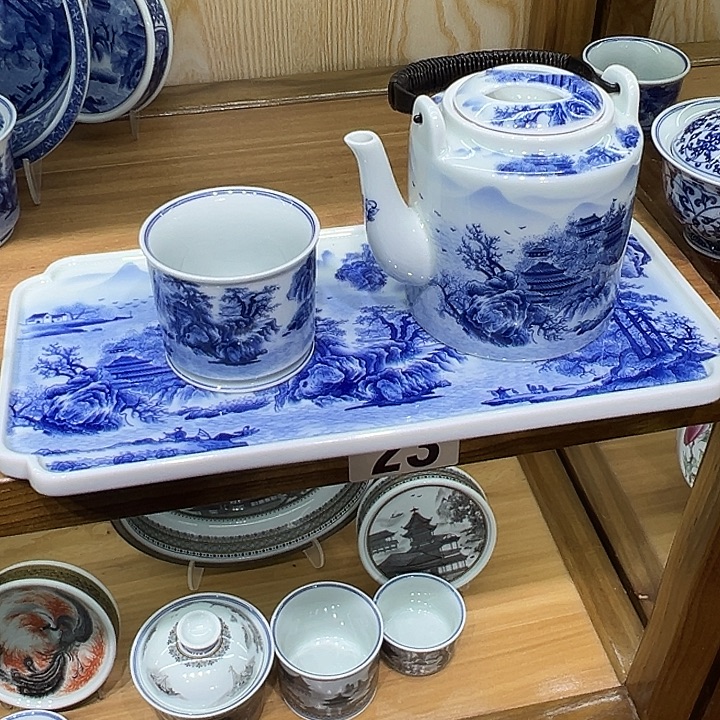 朱***珠青花春山图6件套干炮台4个主人杯提梁壶