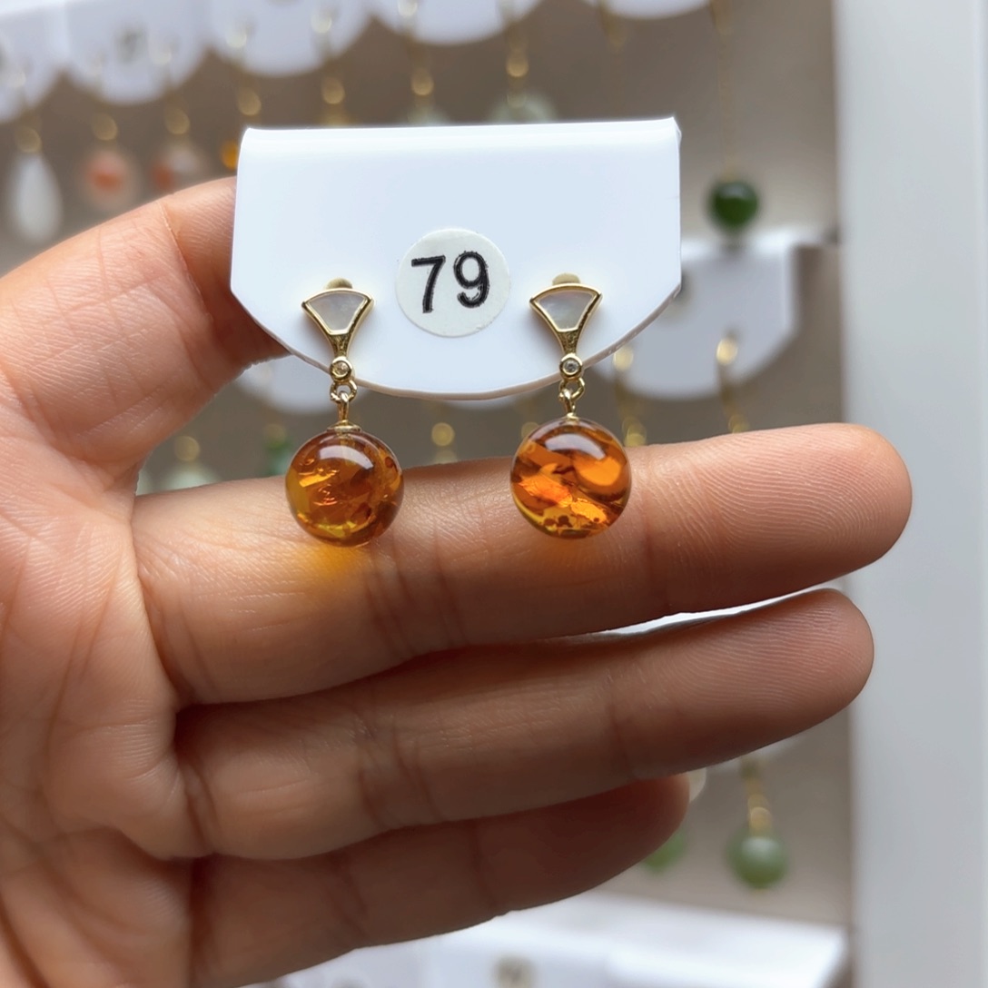 琥珀（花珀）耳饰银S925镶嵌花珀