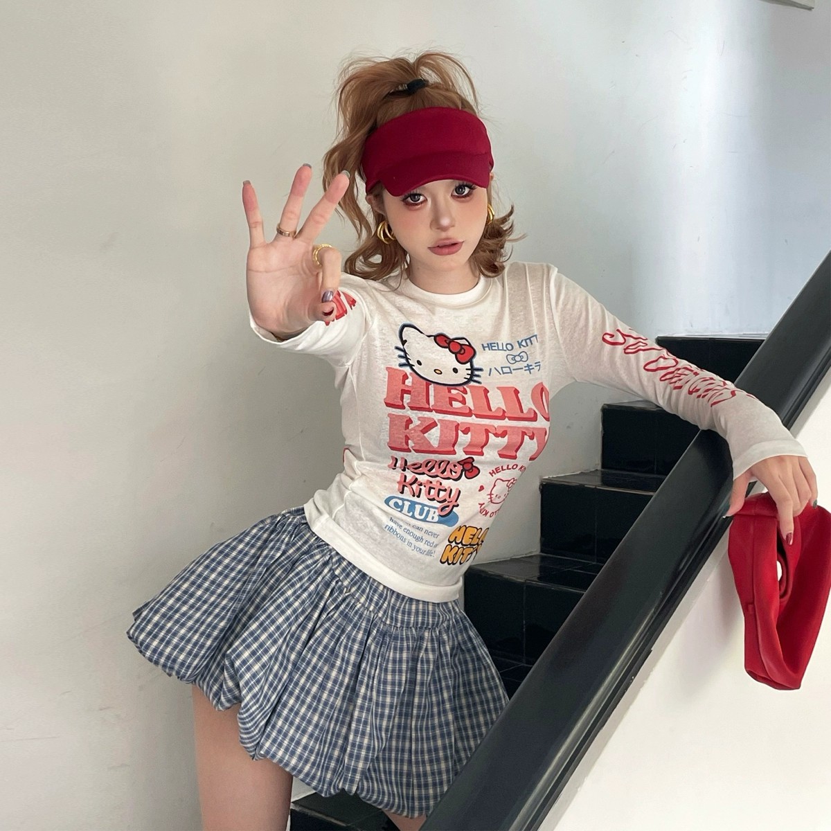 甜美可爱字母蝴蝶结kitty猫咪印花T恤女秋季长袖打底上衣259013