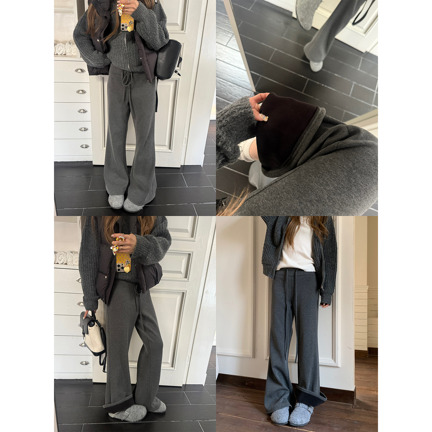 饭饭又饿了复古加绒毛呢微喇休闲裤女冬季设计感直筒显瘦抽绳卫裤