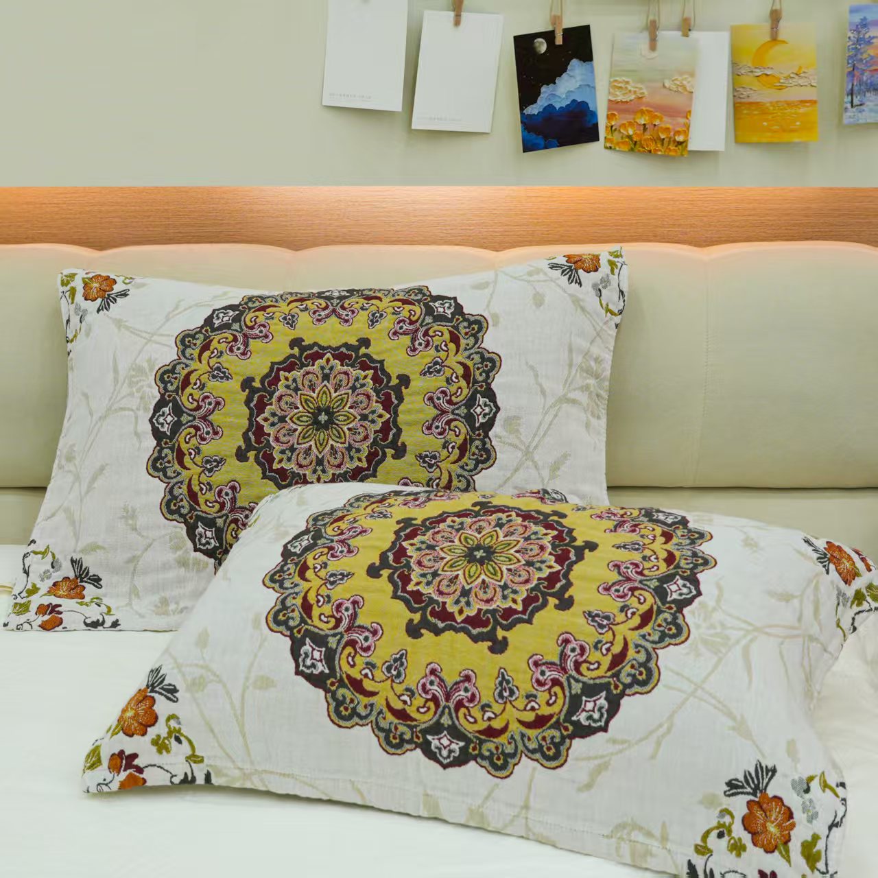 神秘西曼陀罗提花复古保暖双人枕巾一对装