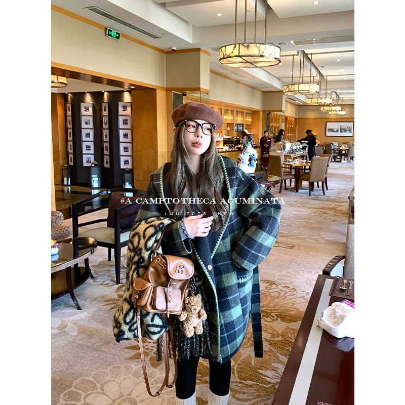 LUU桃喜儿/两穿连帽羊毛双面呢大衣外套女秋冬呢子宽松中长款毛呢