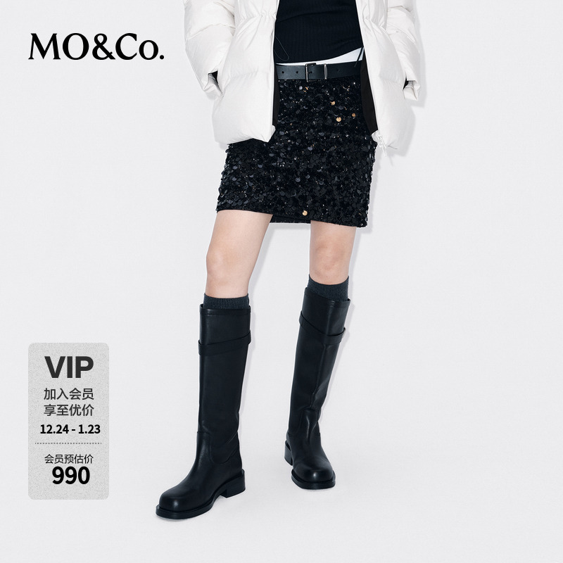 MOCO半身裙2025冬新品精工珠片叠绣中腰膝上直筒短裙MBE4SKT017