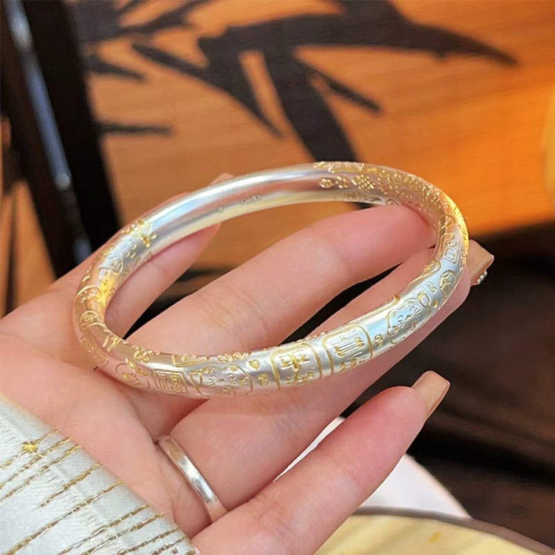 足银手镯 招财猫吉言描金手镯足银999实心纯银女平安喜乐节日礼物