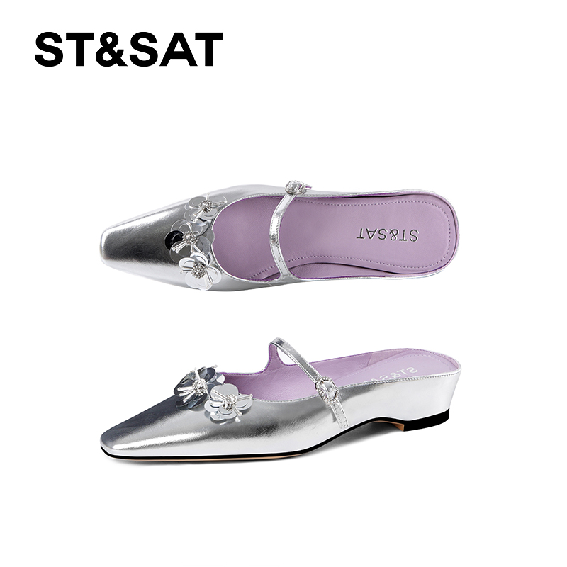 St&Sat/星期六时尚一字带浅口穆勒鞋方头纯色凉鞋法式花朵气质