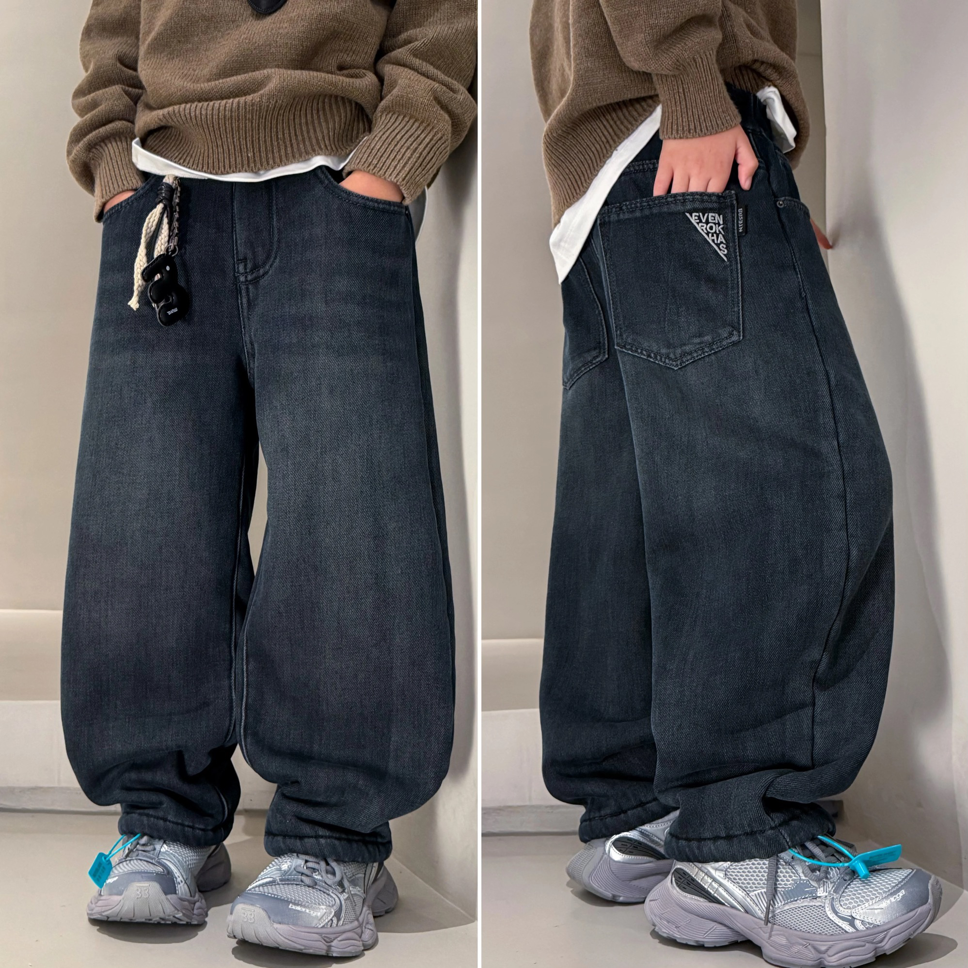 男童冬季加绒一体绒牛仔裤6673宽松百搭帅气休闲中大童葵花绒厚实