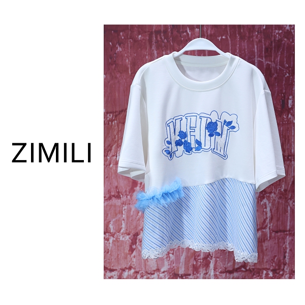 【亮哥女装】2025欧版轻薄透气月光白撞色拼接条纹下摆休闲短袖9158