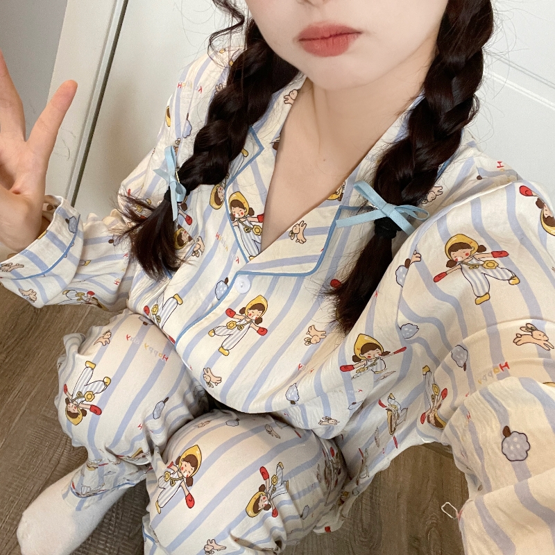 【吹泡泡小女孩】云朵棉睡衣女款春秋季长袖长裤套装日系卡通家居服