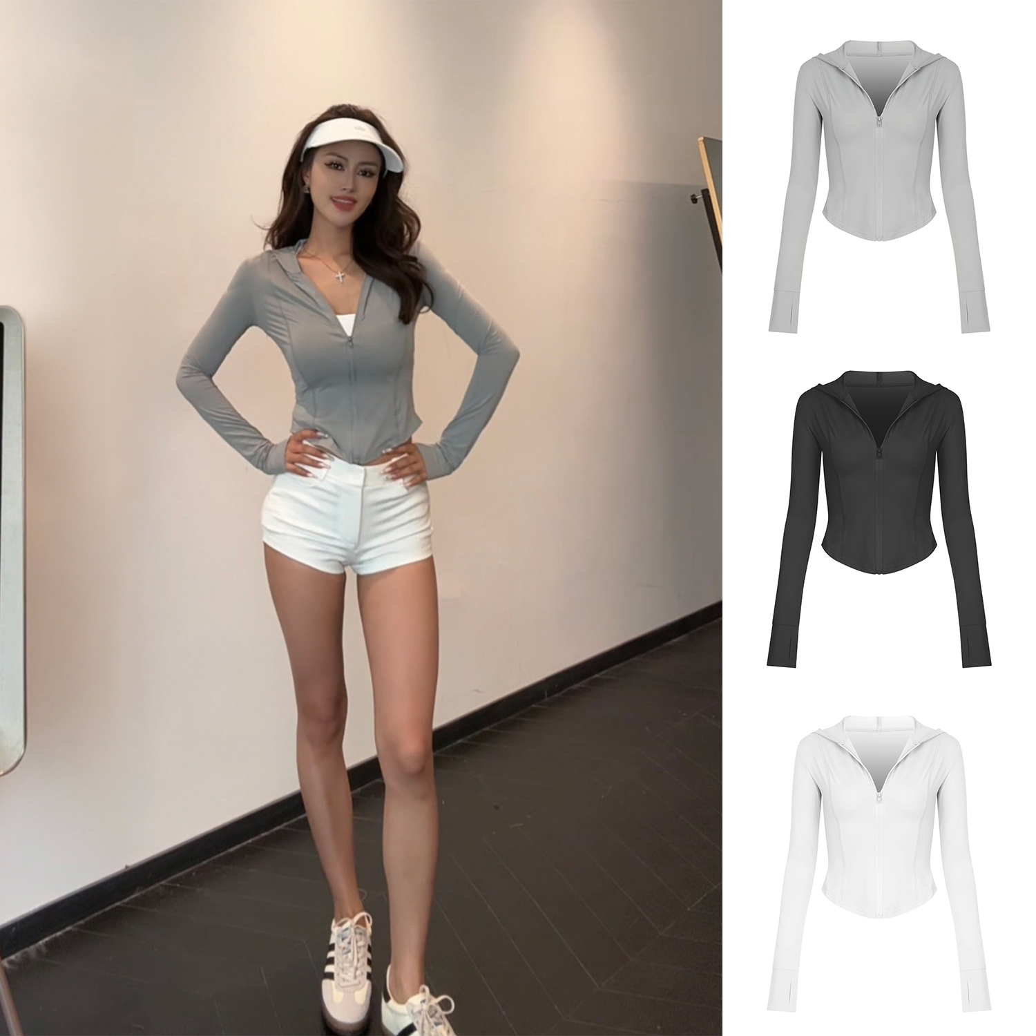 【Aliu自制】凉感轻薄透气冰丝鱼骨收腰防紫外线连帽紧身防晒服外搭