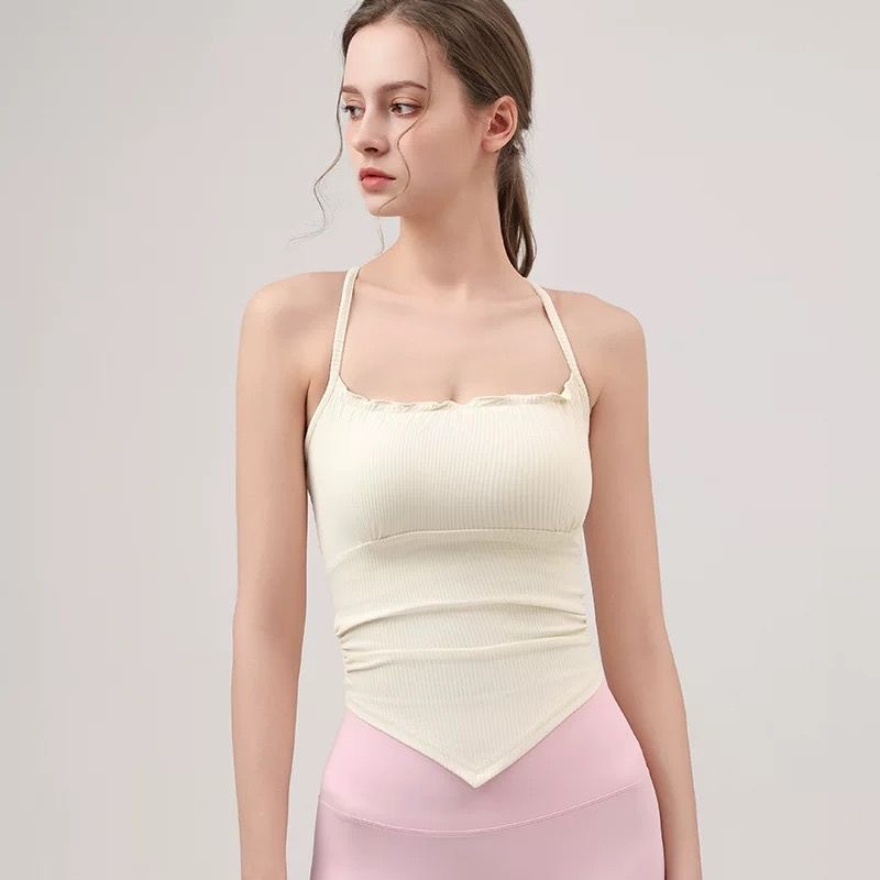 带波浪边修身显瘦瑜伽背心女带胸垫夏季吊挂脖美背运动健身内衣女