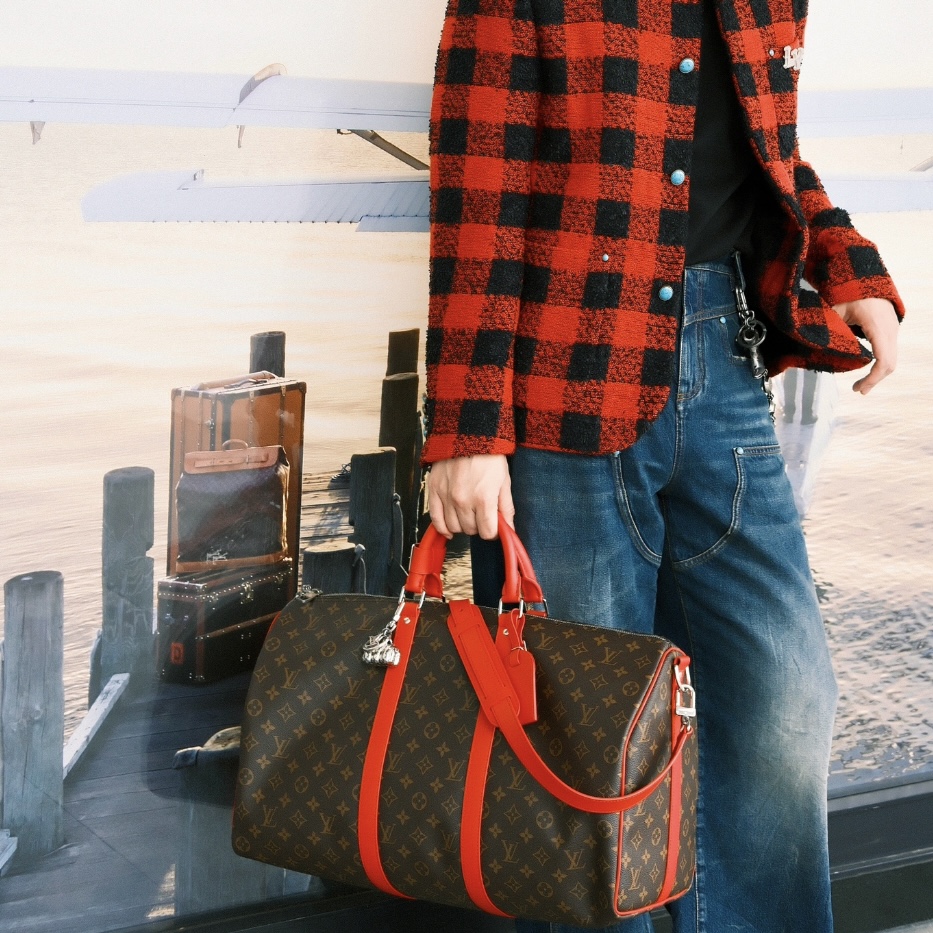 95新 LouisVuitton/路易威登 LV 老花拼红色kp50旅行袋手提斜挎包