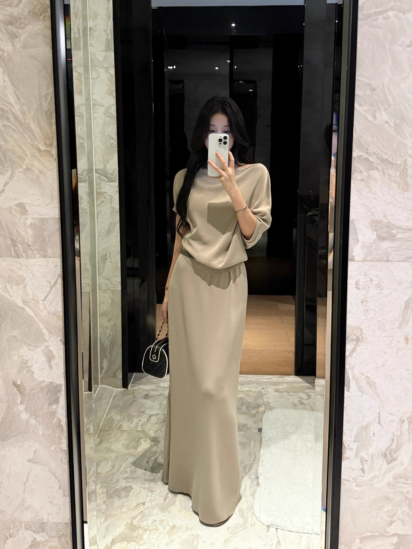 不冷BULENG 气质露肩针织短袖半身裙套组女早秋时尚高级感两件套