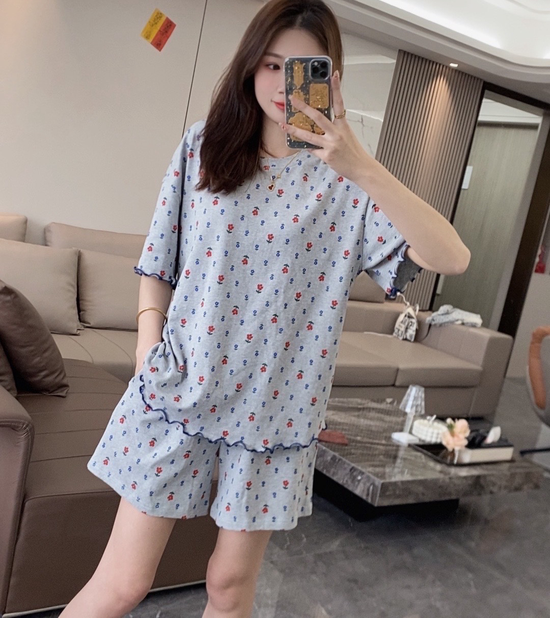 YZT 夏季女款纯棉睡衣韩版圆领短袖短裤休闲家居服套装(甜美翠花）