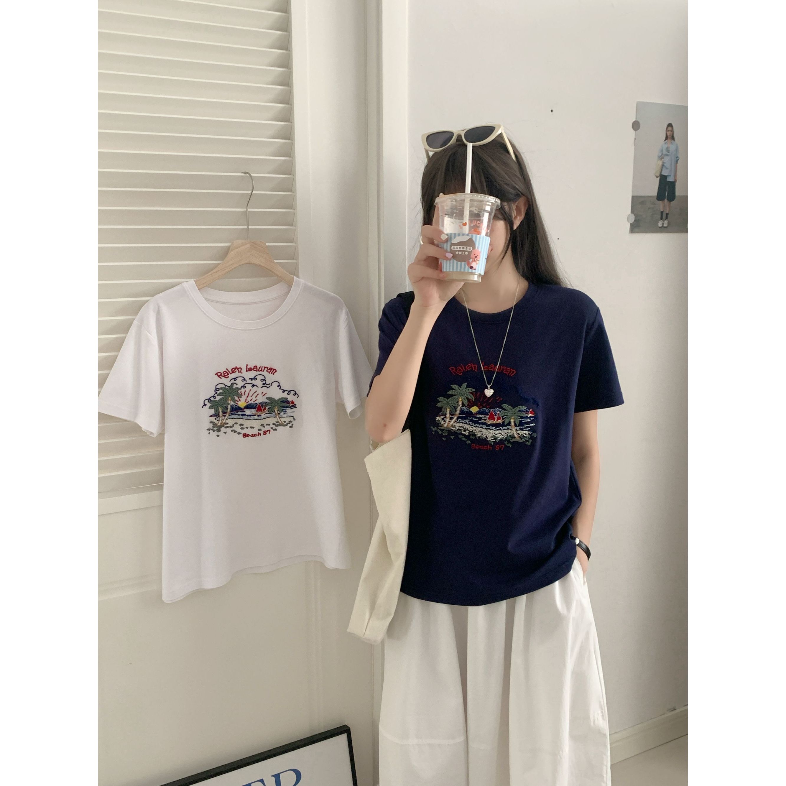 【主播推荐】女士椰树海边重工刺绣短袖7005