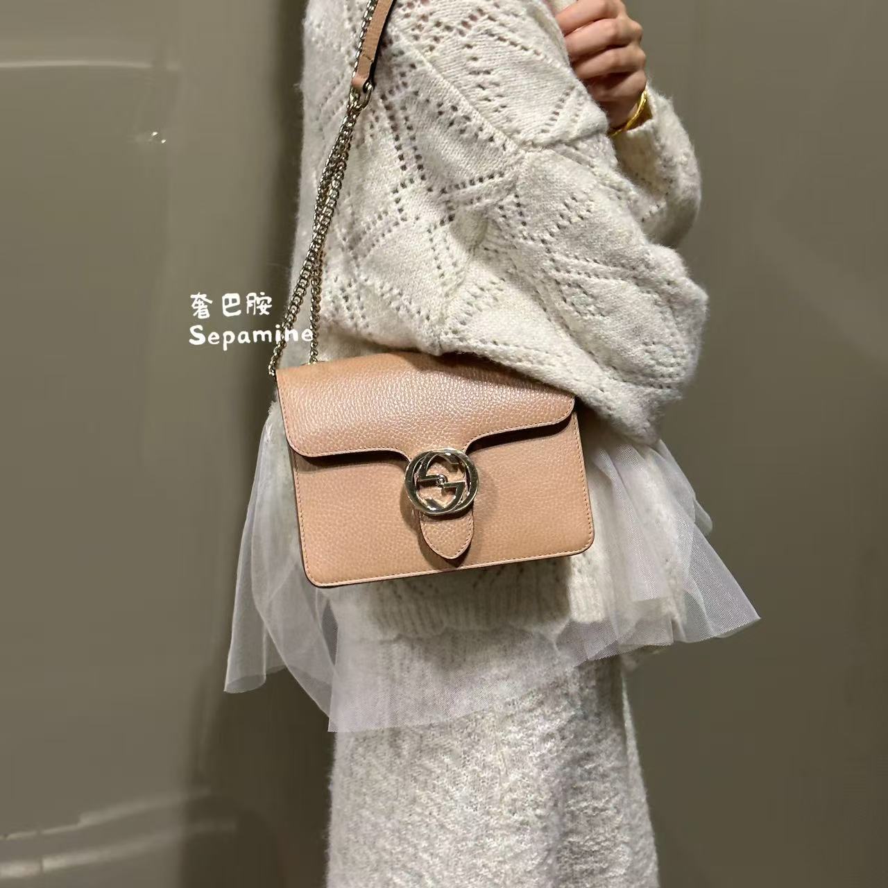 95新 GUCCI/古驰 /邮差/浅褐色/小号/手提斜挎包