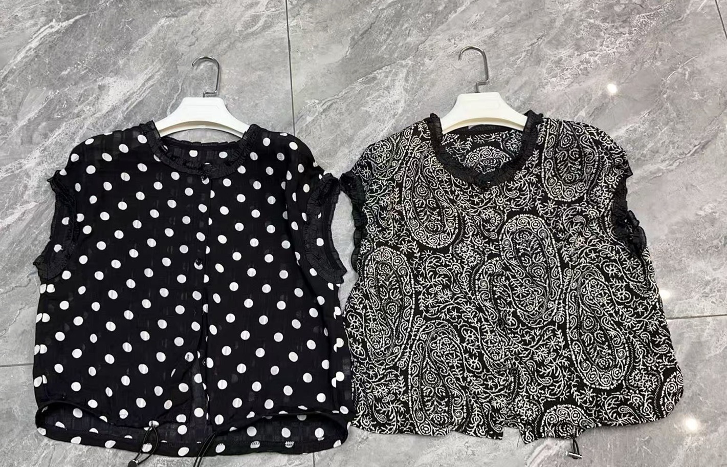 2025夏装新款时尚印花波点木耳边袖薄款T恤洋气减龄小衫无袖上衣