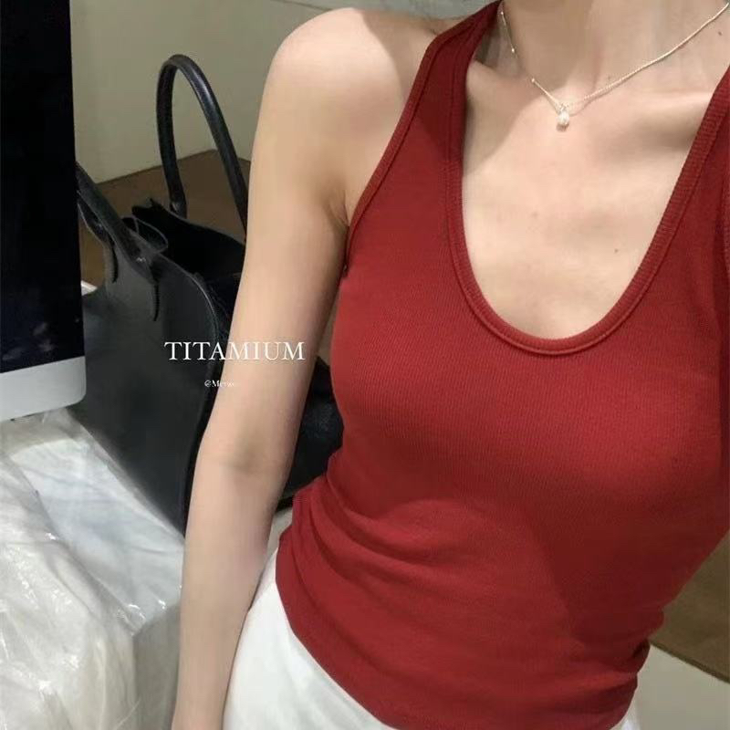 休闲简约运动修身显瘦带胸垫挂脖吊带背心设计感小众上衣
