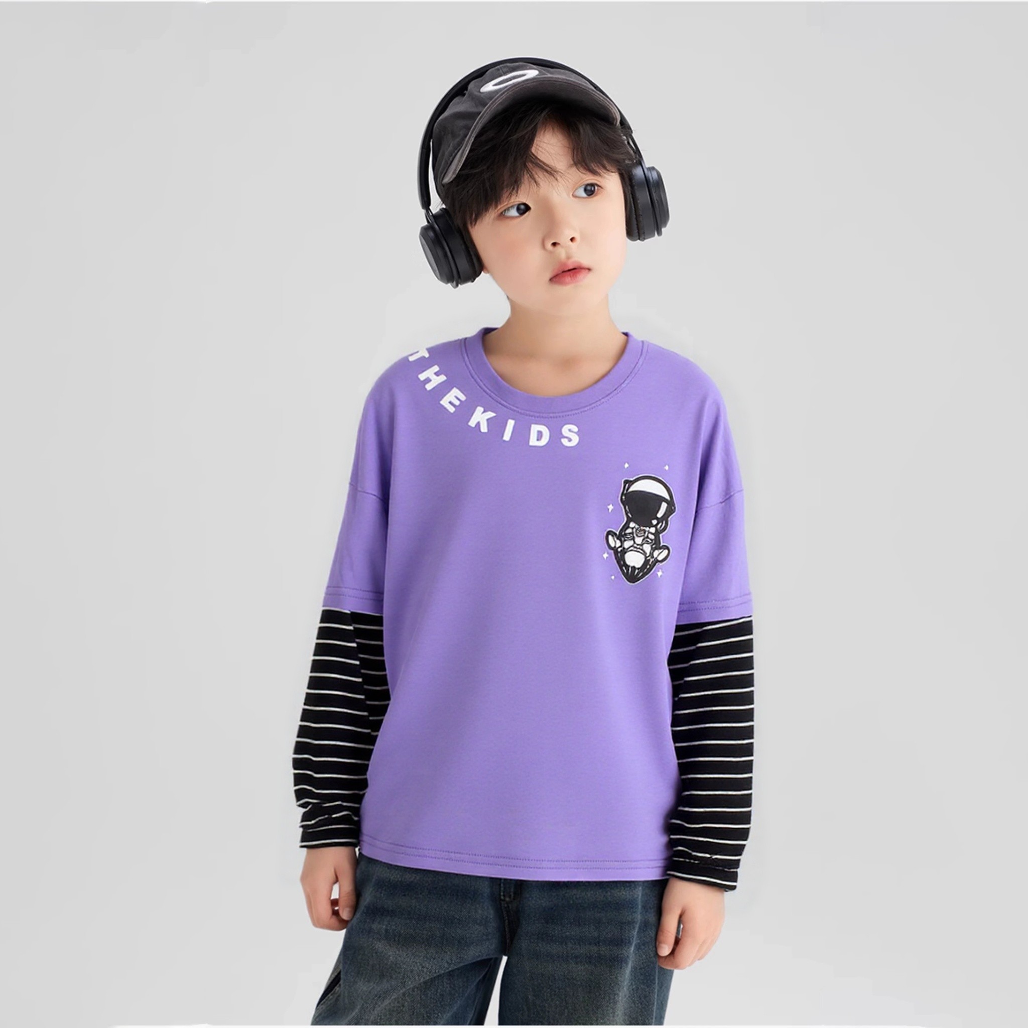 童装条纹韩版新款儿童长袖中大童圆领假两件上衣春秋T恤打底衫a类