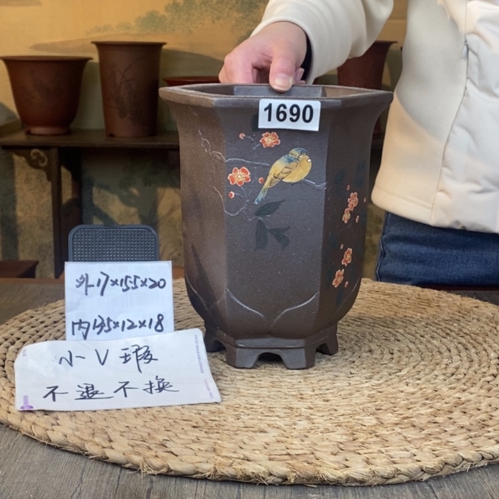紫砂花盆  微瑕紫泥高温彩绘一路繁花六方1690