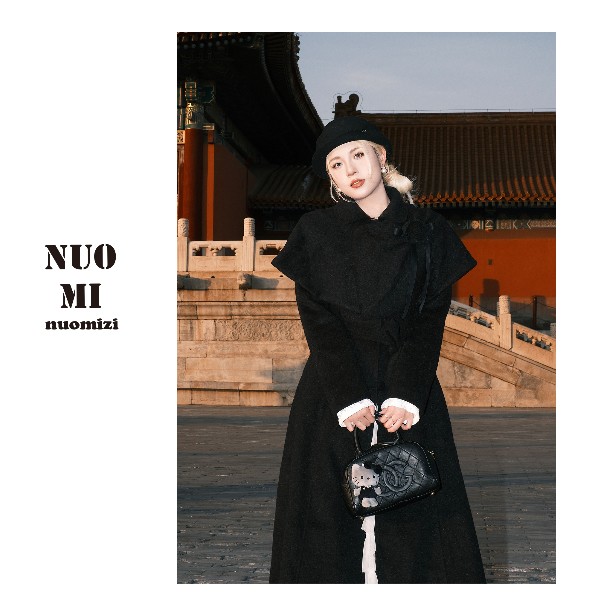 ZOZ糕冷圆脸[伦敦夜幕]黑色毛呢大衣外套女冬显瘦气质斗篷披肩