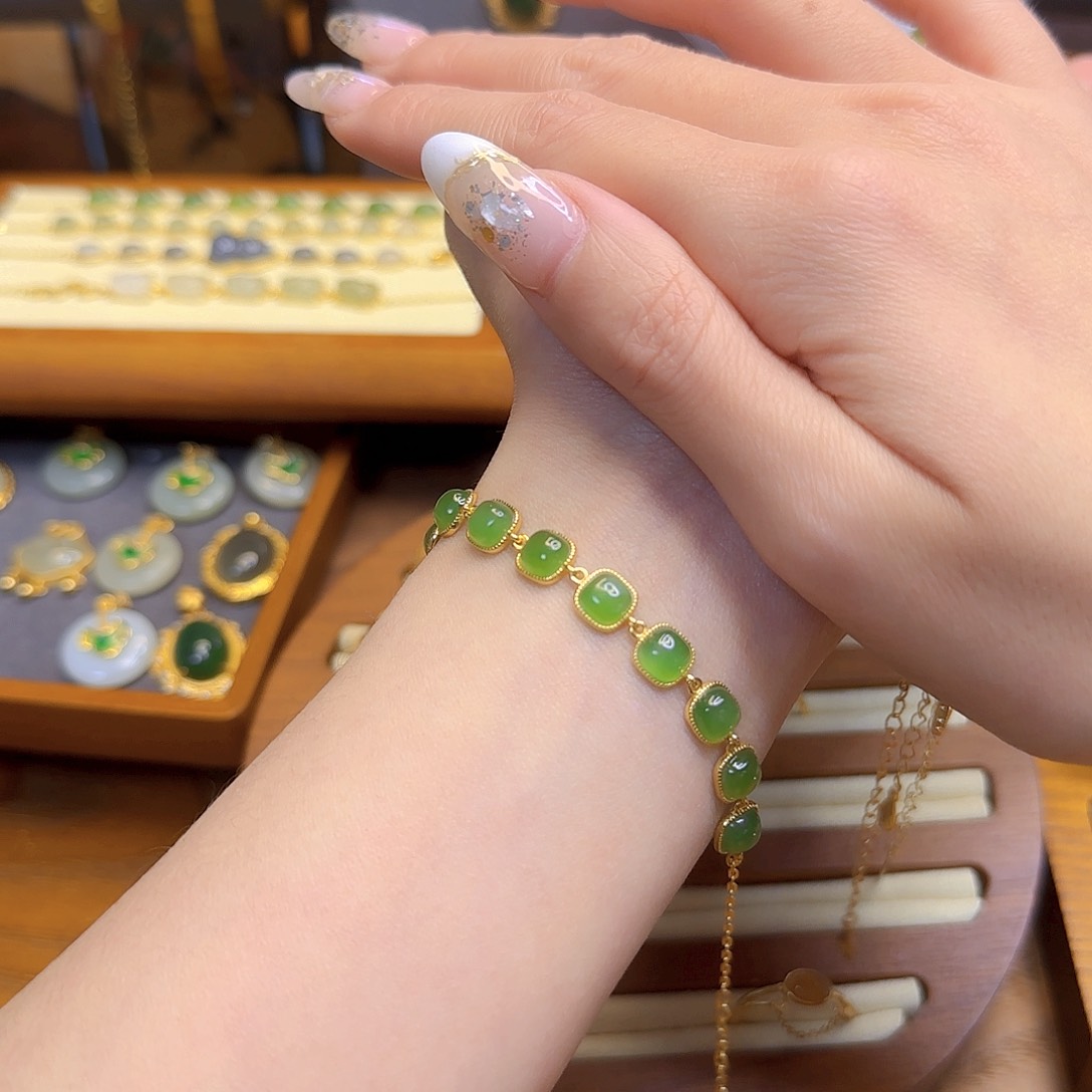 和田玉手链银S925镀金镶嵌