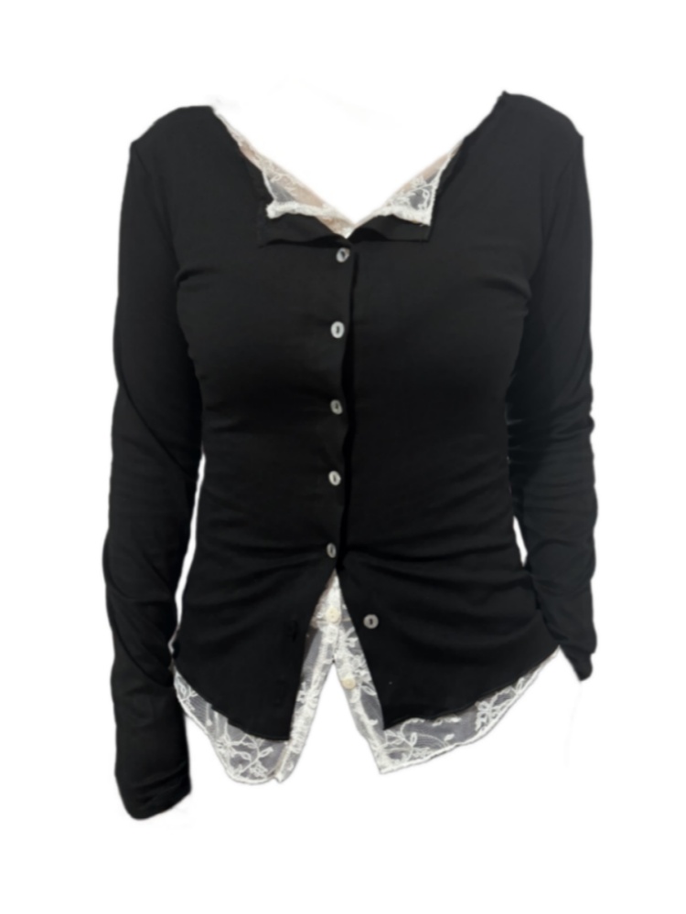 【Amy家】微胖mm纯欲风性感蕾丝拼接长袖T恤女秋季修身显瘦开衫上衣