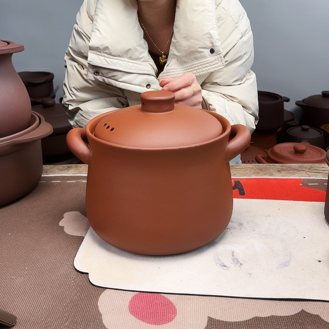 紫砂砂锅4升小蛮腰红色微微微瑕