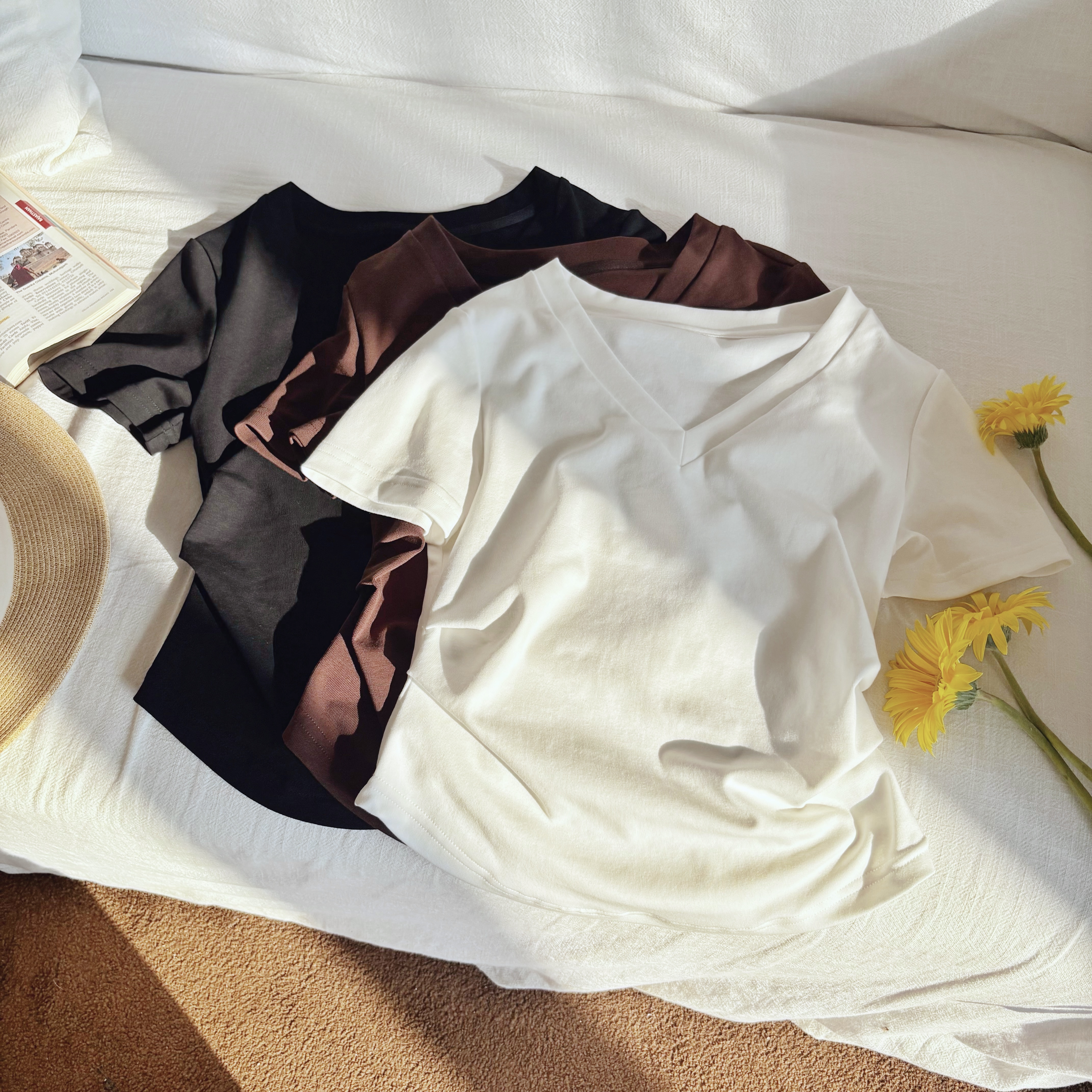 小个子定制短袖压褶显瘦常规百搭V领T恤夏季韩版纯色透气