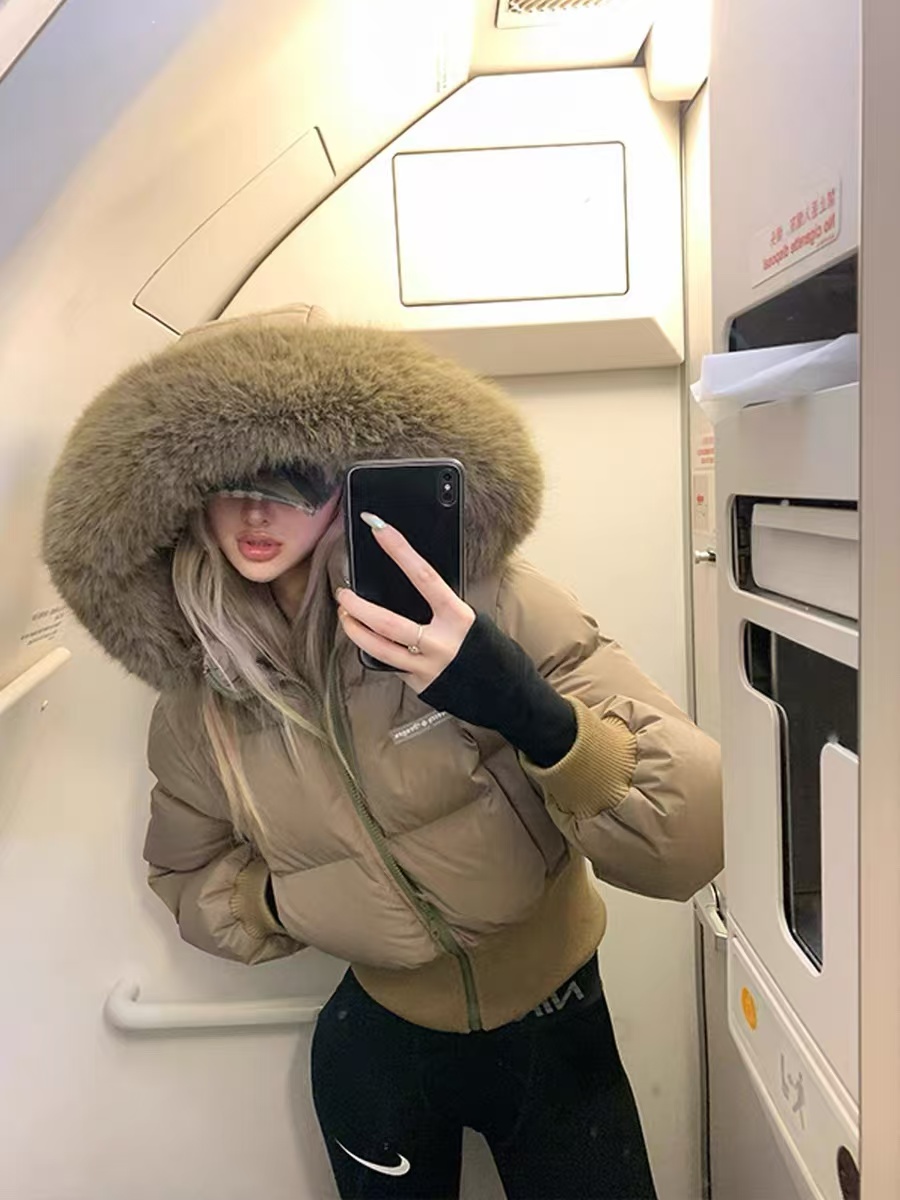 高腰短款大毛领连帽棉服女加厚休闲百搭棉衣女