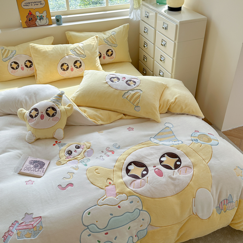 A类儿童卡通加厚保暖蛋仔小对牛奶绒四件套冬季法莱绒三件套床品