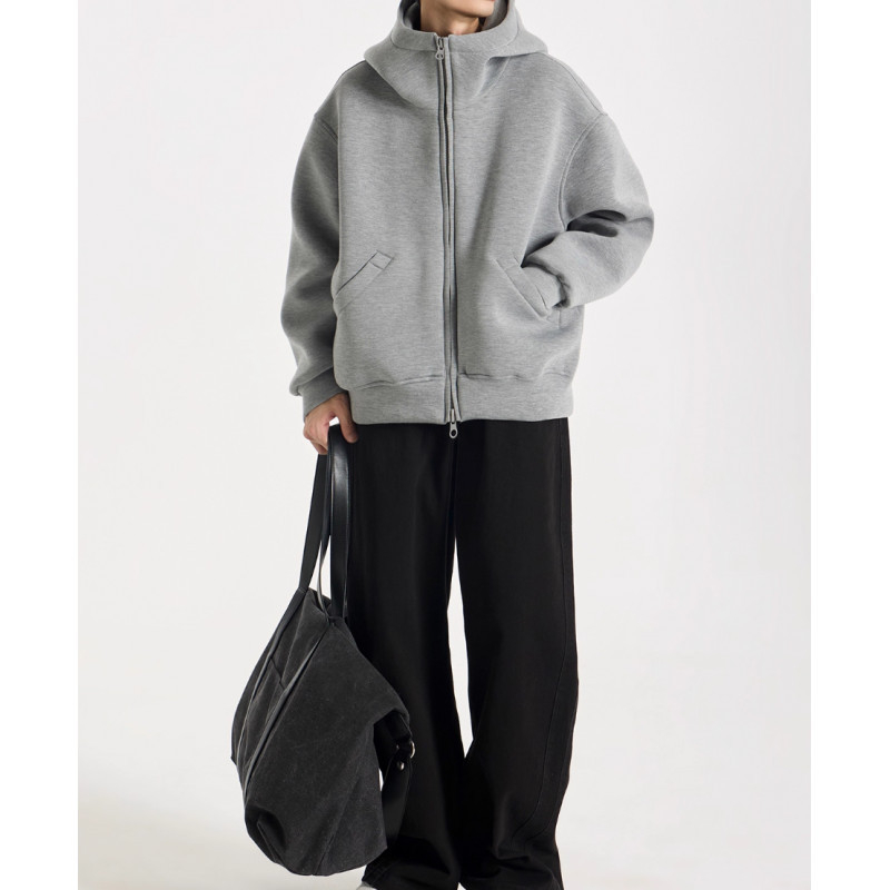 设计感秋冬纯色连帽夹克男士潮流复古休闲宽松拉链外套夹克