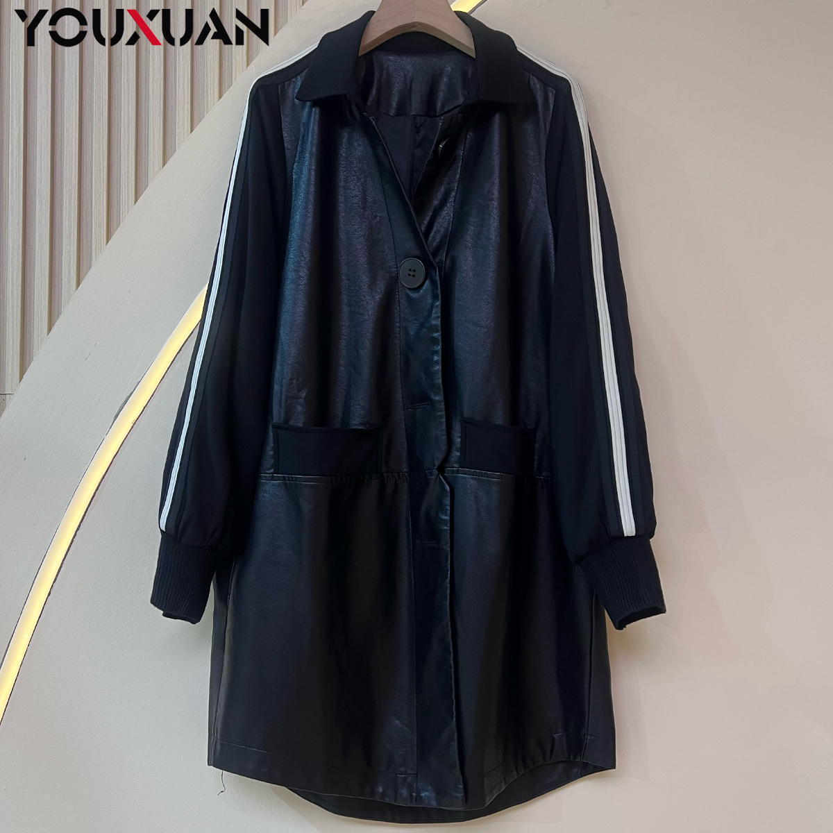 【超爆高品质】2024秋冬新品原创设计师高级定制翻领炭黑皮衣8825-1